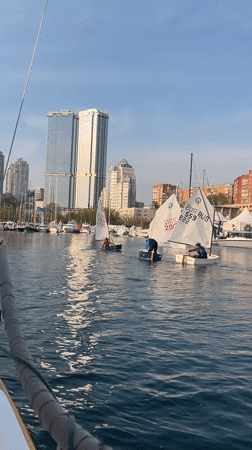 Sailboats navigate Vladivostok harbor on sunny morning