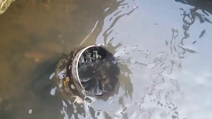 The video shows a close-up, slightly above, view of a pipe in murky water. The pipe is partially submerged and appears to be encrusted with barnacles or other marine growth. Water is flowing into the pipe, creating ripples and disturbances on the surface. The lighting suggests it may be daytime. The scene appears to be outdoors, possibly a riverbank or coastal area. There are no people visible in the frame.