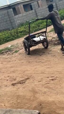 A young man pushes a two-wheeled cart down a dirt road. The cart contains a large purple object and some white material. The man is wearing a dark t-shirt and blue jeans. In the background, there is a brick building and some greenery.