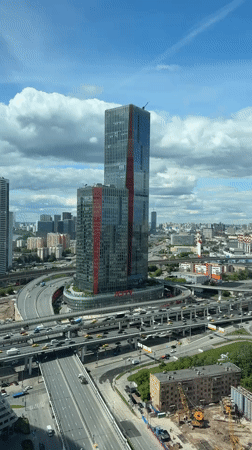 Aerial views document Khimki cityscape on June morning