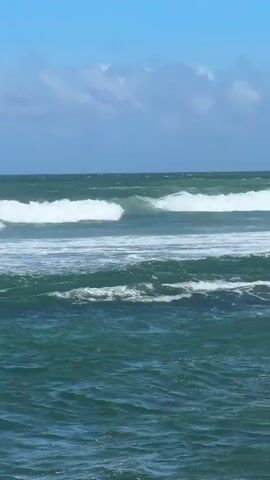 The video shows a wide shot of the ocean on a bright, sunny day with a clear blue sky dotted with white clouds. Waves are visibly breaking and rolling towards the viewer, with white foam on their crests and on the surface of the water closer to the foreground. The water is a deep greenish-blue color. The sound of wind and crashing waves can be heard. The scene depicts a dynamic oceanic environment, likely at a beach or coastline. This location is Walgama, Sri Lanka.