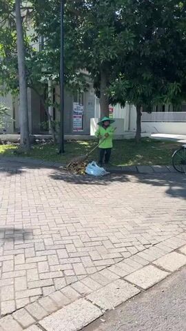 A person in a green shirt and wide-brimmed hat is sweeping leaves into a plastic bag on a paved walkway next to a grassy area. A bicycle with a blue frame and a green wheel is visible in the background. Trees and a building are also present in the scene. The lighting suggests it is daytime.