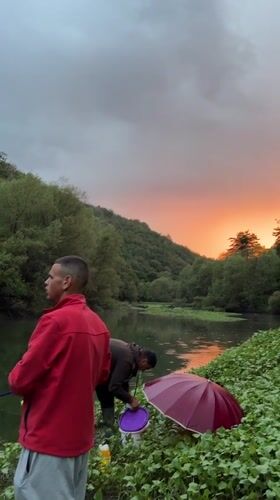 Evening fishing session by the river in rural Bulgaria