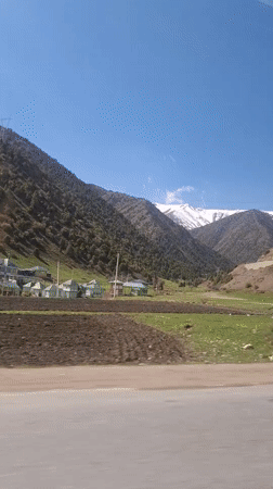 Snow-capped mountains and green landscape captured in Tajikistan
