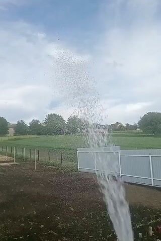 The video shows a person using a garden hose to water a patch of recently tilled soil.  The hose, which is yellow and red, sprays a fan of water across the brown earth. Small white cups are arranged in rows in the soil. Behind the patch is a gray fence.  Beyond the fence, a green field stretches towards trees and distant houses under a cloudy sky.