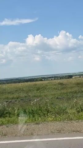 The video shows a view from a moving vehicle on a sunny day. The landscape is rural, with green fields and a distant treeline. The sky is blue with scattered white clouds. A power line runs across the frame. The road, with a white line, is visible in the foreground.