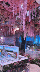 Jeju shop interior blanketed in cascading artificial floral decor