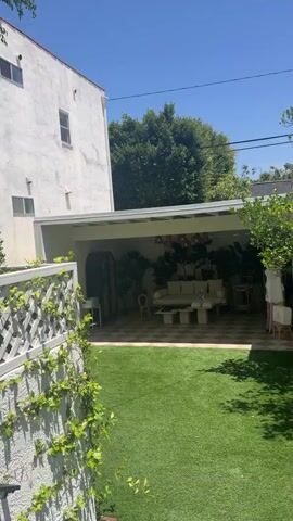 The video shows a backyard on a sunny day with a green lawn in the foreground. A covered outdoor lounge area is visible in the background with cream-colored furniture and potted plants. To the right is a white building covered in climbing plants. There are power lines running across the top of the frame and trees in the background.
