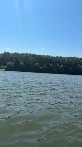 The video shows a wide shot of a lake under a clear blue sky. The water is rippling gently. In the background, there is a dense forest lining the shore. The sun is shining brightly, casting a glare on the left side of the frame. The camera appears to be positioned on a boat or floating device, as evidenced by the slight movement and the perspective over the water. The overall scene depicts a serene natural landscape on a sunny day.