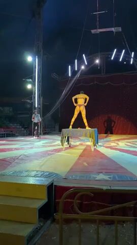 The video shows a circus scene. A woman wearing a yellow and black costume stands on a small table, the surface of which is covered with green fabric. She is on a circus ring with a red and white radiating pattern. Behind her is a red curtain and above are several stage lights. To the left of the woman, a man stands holding a microphone, and his shadow is cast on the curtain behind the woman. The setting appears to be indoors, in a darkened space lit by the stage lights. A set of green steps are visible in the foreground.