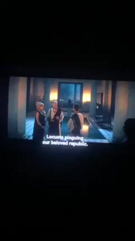 A video shows a medium shot of a man in a Roman toga speaking. The caption reads: "Locusts plaguing our beloved republic. I pray harsh retribution awaits."  He is addressing a person or persons off-camera. In the background, a woman with blonde hair is visible, along with other people in indistinct clothing.  The scene appears to be lit by firelight.