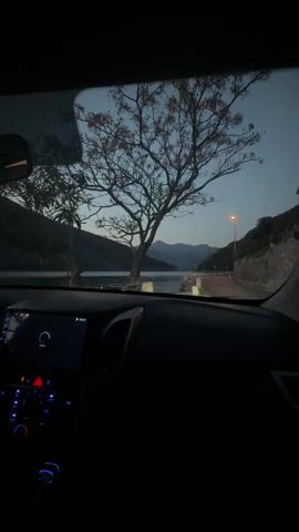 The view from inside a stationary car shows the scene outside: a body of water with mountains in the background, seen through the windshield. Trees frame the view, their branches bare against the twilight sky. A street curves along the water’s edge, illuminated by a streetlamp. Inside the car, the dashboard is visible in the dim light, featuring a digital display screen, various buttons, and a steering wheel with instrument gauges. The interior is dark, emphasizing the view outside. A flash of light originates from the dashboard.