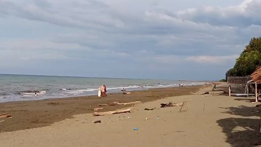 A wide shot of a beach with dark sand and a few scattered logs. Waves crash on the shore. Several people are visible in the water and on the sand in the distance. To the right, there is a small, thatched-roof structure. The sky is overcast with dark clouds.