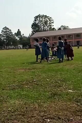 The video shows a group of school-aged children on a grassy field. The children are wearing uniforms, mostly blue dresses with white collars. They appear to be engaged in some activity or game, with some bending down and others standing around. In the background, there is a building that looks like a school, with multiple floors and windows. There are trees and vegetation surrounding the field. The sky is clear and the lighting suggests it is daytime.