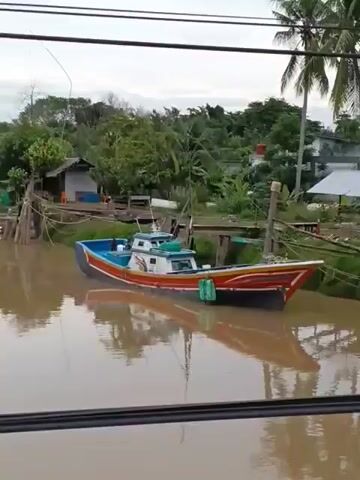 A video shows a murky brown river with several boats docked along the shore. The boats are of various sizes and types, with some appearing to be fishing vessels. The shore is lined with trees and vegetation, and there are a few small buildings visible in the background. The sky is overcast, suggesting cloudy weather. The video is filmed from a moving vehicle, possibly a car, as indicated by the blurred foreground. The water appears calm, with slight ripples. The overall scene depicts a rural riverside community.