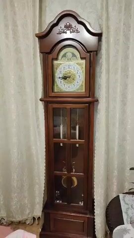 The video shows a grandfather clock in a room with white curtains. The clock is made of dark wood and has a decorative top. The clock face has Roman numerals and a moon phase dial. Inside the glass-fronted lower section of the clock, two weights hang on chains, and a pendulum is visible. The clock is not chiming, but its hands indicate that the time is approximately 10:10. The setting appears to be indoors, possibly a living room. The lighting is soft, suggesting it could be daytime or evening. There is no visible text in the video. The overall mood is calm and quiet.