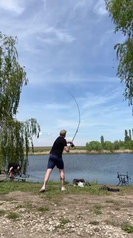 The video shows a man fishing at a lake. He is wearing a black t-shirt, blue shorts, a baseball cap, and white shoes. He is standing on a grassy bank with his back to the camera and holding a fishing rod, which he casts into the water. Another person is seen to the left in a similar stance, setting up a rod near the bank. Other fishing gear is set up on the bank, including a rod pod and a bag. The lake is surrounded by trees and a field. The sky is blue with some white clouds. The camera is static.