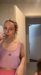 Mother and daughter share morning tooth-brushing routine in Turkey