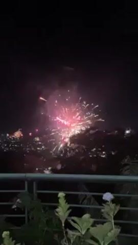 From a vantage point on a balcony, a firework display illuminates the night sky above a city skyline. The fireworks explode in various colors including red, green, and gold. In the foreground, there is a railing. To the left of the railing is a flower bush. The sky is dark, with wisps of smoke from the fireworks hanging in the air. The city lights below provide a contrasting background to the explosive display.
