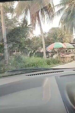 The video shows a view from inside a vehicle traveling on a road. On the left side of the road, there are several roadside stalls with awnings, one of which has red and green umbrellas. Some goods are displayed on wooden crates. Palm trees and other vegetation are visible behind the stalls. On the right side of the road, there is a paved road with a white van driving ahead, and more stalls and buildings in the distance. Power lines are visible along the right side of the road. The weather appears to be overcast or hazy.