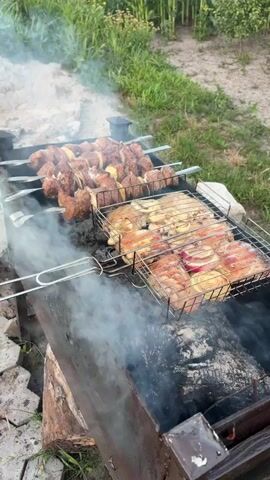 A close-up video shows skewers of meat and onions and a metal grill basket filled with chicken and onions being cooked over charcoal on a portable grill outdoors. Smoke rises from the grill, obscuring some of the food. The grill is placed on the ground next to some logs and rocks, with green grass and foliage visible in the background. The lighting suggests it is daytime.