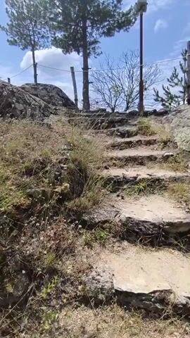 The video shows a set of outdoor stone steps winding upwards. The steps appear worn and somewhat broken in places, with dirt and dry grass growing around them. On the left side of the stairs, there are large rocks and more vegetation. In the background, there are trees, including two tall pine trees, and a blue sky with some clouds. There are also a few wooden posts and a rope barrier along the path. The overall environment appears to be a natural, hilly area, possibly a hiking trail or a viewpoint. The camera is positioned at the bottom of the stairs, looking up, and the footage is in portrait orientation. There are no people visible in the video.