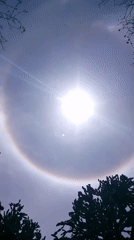 Rainbow halo observed around sun in cloudy sky