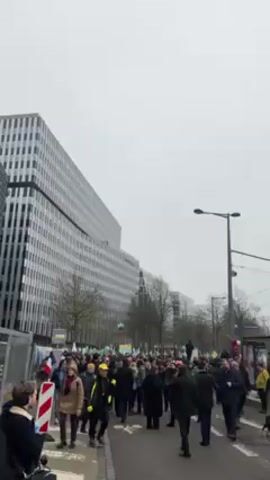The video shows a crowd of people gathered on a city street in front of tall, modern buildings on a cloudy day. Many people are holding green flags and banners, suggesting a protest or rally with an environmental theme. Some individuals wear yellow vests, possibly indicating a specific group affiliation or role within the event. A green balloon floats above the crowd. A cameraman with equipment stands near the edge of the crowd. The overall impression is of a planned event with a clear visual message.