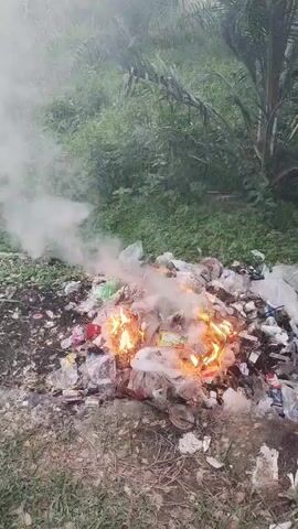 A pile of trash is burning, with flames visible in the center of the heap. Smoke billows upwards and drifts to the left, obscuring the surrounding vegetation and palm trees. The ground is covered in debris and dry grass.