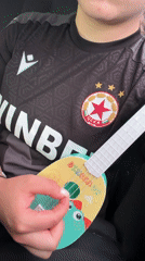 Person plays dinosaur-themed toy ukulele in Sofia