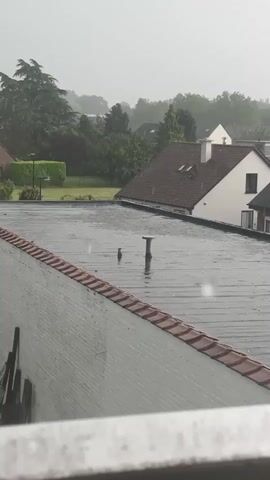 The video shows a rainy day in a suburban area. From an elevated position, the camera looks out over a flat, gray rooftop, edged with red tiles. Beyond the rooftop, there are residential houses of varying designs, surrounded by green trees and lawns. Rain is falling heavily, creating a wet sheen on the rooftop and obscuring the distance with a gray haze. The camera angle shifts slightly during the video, causing the view to rotate a little to the right and then back.