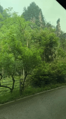 Vehicle travels scenic route through misty Luoguta landscape