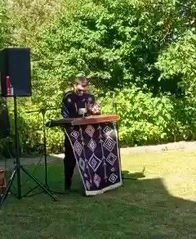 A man stands in a grassy outdoor area, playing a dulcimer. He is wearing a dark shirt with a patterned design and sunglasses. The dulcimer rests on a stand draped with a dark cloth with a diamond pattern. To the left of the man is a black speaker on a stand. Behind him, lush green trees form a backdrop. The lighting suggests it is daytime.