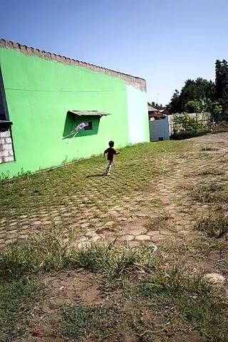 A young child is running in a yard in front of a bright green building. The ground is covered in interlocking pavers and patches of grass. In the background, there are trees and a clear blue sky.