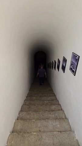 Two people are walking down a long, narrow, stone staircase that leads to a dark, arched tunnel. The walls of the staircase are white and lined with framed black and white pictures. At the bottom of the stairs, a large wooden barrel is visible. The person in front is wearing a blue shirt and dark pants, and the person behind them is wearing a purple shirt and dark pants.