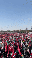 Large flag-waving crowd gathers outdoors in Tehran