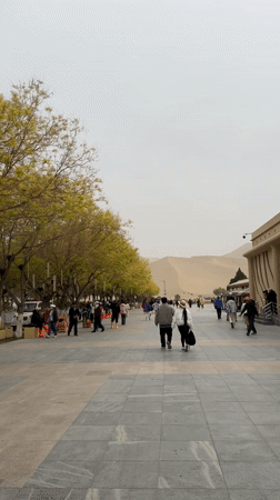 Morning pedestrians stroll tree-lined walkway in Dunhuang, China