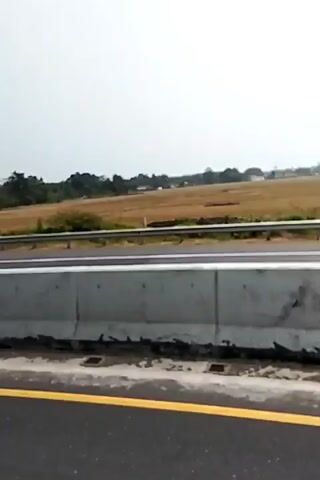 The video shows a view from a moving vehicle on a highway. The foreground shows the asphalt road with yellow and white lane markings. A concrete barrier separates the highway lanes. Beyond the barrier, there is a metal guardrail, and then a field of dry grass and some scattered trees. The sky is overcast. The video is static and does not depict any people or significant actions.
