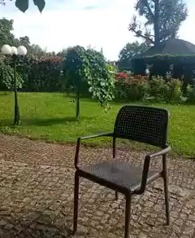 A still shot shows an outdoor scene with a chair in the foreground. The chair is made of dark plastic and has a wicker-like seat and back. It is positioned on a stone patio made of small, interlocking stones. Behind the chair is a lush green lawn. In the middle ground, there is a weeping tree with green leaves, a small gazebo covered in ivy, and several bushes with red and green foliage. In the background, there are more trees and a building with a steeple, suggesting it might be a church. The sky is partly cloudy. The lighting suggests it is daytime, possibly late morning or early afternoon. There are no people visible in the video. The overall impression is of a peaceful outdoor setting, possibly a garden or a park.