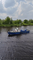 Recreational boat spotted on river in Dubna, Russia
