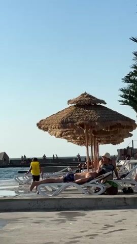 A person in a yellow shirt walks away from the camera toward the water. A man in a hat and swim trunks lies on a lounge chair under a thatched umbrella. A woman in a hat and tank top sits on a lounge chair next to him, looking at him. Several other lounge chairs are visible, some occupied by other people. Palm trees are in the background. The sky is clear and blue.