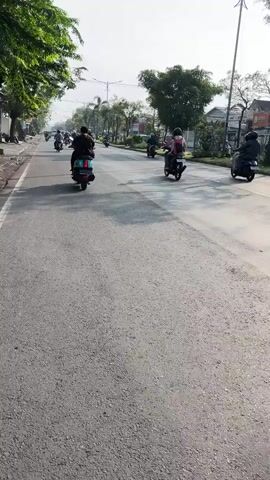 The video shows a street scene with multiple motorcycles traveling in the same direction. The road is asphalt and appears to be a two-lane road, with vehicles in both lanes. There are trees and buildings lining the street on the right side. The sky is bright, suggesting it is daytime, possibly morning or afternoon. Shadows from the trees are cast across the road, indicating the sun's position. The motorcycles are all occupied by riders, and some appear to be carrying passengers. The overall atmosphere is that of a typical urban or suburban environment with active traffic.