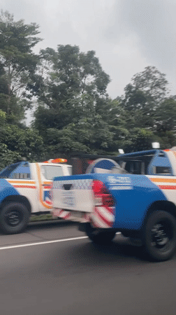 Truck overturns on road in Sukaraja, Indonesia