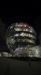 Nur Alem Pavilion glowing at night in Astana