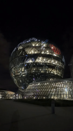 Nur Alem Pavilion glowing at night in Astana