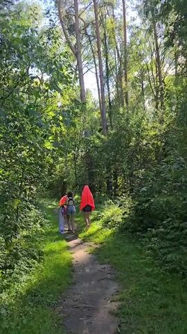 A dirt path winds through a dense forest with tall trees and lush green foliage. Sunlight filters through the canopy, casting dappled shadows on the ground. Three people are walking away from the camera along the path. The person in the front is wearing a bright orange hooded garment. The other two people are wearing light-colored shorts and possibly swimwear. One of them is carrying what appears to be a folded mat or blanket.