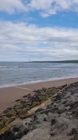 The video opens with a wide shot of a beach and the sea under a cloudy sky. The tide is out, revealing a sandy beach with some rocks at the edge. Gentle waves roll in, creating white foam.

The camera then pans to the left, showing more of the beach and a walkway or promenade. In the distance, there are a few people walking along the beach. The sky is filled with grey clouds, with some patches of blue peeking through.

As the video progresses, the camera moves to focus on a person leaning on a turquoise railing. This person is wearing a brown hoodie, black shorts, and flip-flops. They are holding a mobile phone in their right hand. Behind them, more people are visible walking on the promenade, and cars are parked in the background. A building with a distinctive green roof is also visible. The overall atmosphere seems casual and relaxed, suggesting a day out at the beach.

Further panning reveals a wider view of the coastline. The beach stretches out, with the sea meeting the sand. The sky remains predominantly cloudy. The person in the foreground is still visible, looking out towards the sea. The presence of a promenade, parked cars, and other people suggests a public area or tourist spot. The time of day appears to be daytime, given the light, but the cloudy weather casts a diffused light over the scene. There are no visible text elements in the video. The location context provided (Montrose, United Kingdom) suggests this is a coastal scene in that region.