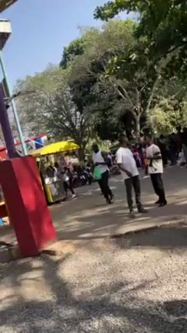 The video captures a lively scene in what appears to be an outdoor amusement park. Several people, dressed in casual clothing, are seen walking around, standing, and engaging in conversations. A couple of men in white shirts and dark trousers stand out in the foreground, seemingly in discussion. The environment is shaded with trees, and a yellow structure is visible near the camera. In the background, there is a crowd gathered near amusement park rides that include carousels and water rides. Some rides are in motion. The weather seems pleasant, as it's a bright sunny day.