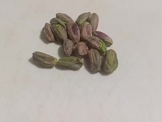 A pile of shelled pistachios rests on a white surface. The pistachios are a mix of green and purple hues, with some showing a dried, wrinkled texture. The lighting is overhead, casting soft shadows on the white surface. The camera is positioned slightly above the pistachios, giving a clear view of their arrangement.