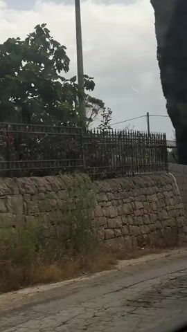 The video shows a car driving along a narrow road with a stone wall on the right side. The wall is made of irregularly shaped stones and is covered in some places with vegetation. In the background, there are trees and bushes, and a wire fence. There is a sign with a round mirror on a pole. The sky is cloudy. The video appears to be taken from inside the car. The audio contains a spoken instruction to turn left at a roundabout in 100 meters.